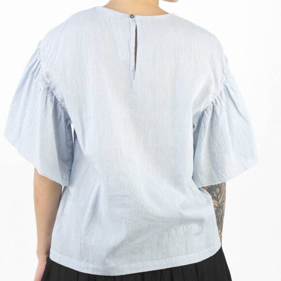 Pomandere Flutter Sleeve Top Blue Stripe 2 Cotton Hemp Blend Airy Lightweight - Picture 2 of 16